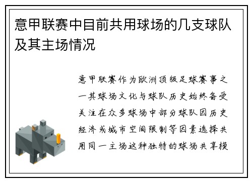 意甲联赛中目前共用球场的几支球队及其主场情况