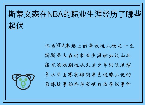斯蒂文森在NBA的职业生涯经历了哪些起伏